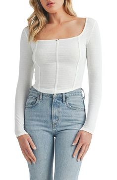 A corseted silhouette makes this ribbed square-neck top ideal for date night. 19" length (size Medium) Square neck Long sleeves 65% polyester, 28% rayon, 7% elastane Hand wash, dry flat Imported Chic Fitted Crop Top With Straight Neckline, Chic Square Neck Tops, Spring Ribbed Crop Top With Square Neck, Fitted Crop Top With Straight Neckline For Spring, Square Neck Ribbed Stretch Tops, Spring Square Neck Tops With Elastane, Fitted Ribbed Crop Top With Square Neck, Fitted Ribbed Square Neck Crop Top, Square Neck Ribbed Fitted Crop Top