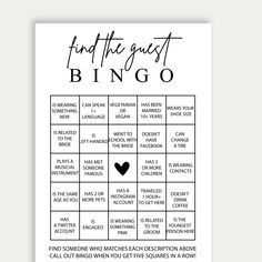 a black and white print with the words find the guest bingo