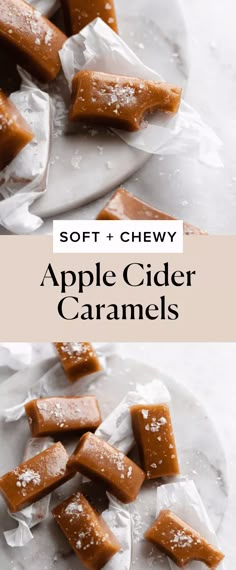 soft and chewy apple cider caramels on a white plate with text overlay