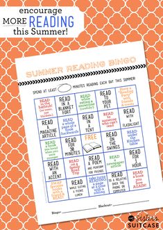 a printable summer reading bingo is shown on an orange and white background with the words read