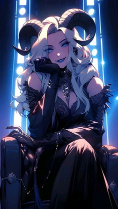 a woman with long white hair and horns sitting on a chair