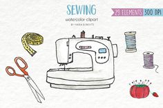 the sewing machine is next to some thread and scissors