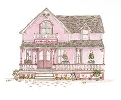 a drawing of a pink house with flowers on the front porch and balcony railings