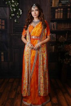 Shop for Archana Kochhar Yellow Sunrise Saree Set With Jacket for Women Online at Aza Fashions Semi-stitched Orange Saree With Mirror Work, Designer Orange Dupatta With Mirror Work, Orange Traditional Wear With Mirror Work, Traditional Orange Saree With Mirror Work, Orange Chanderi Traditional Wear With Mirror Work, Traditional Yellow Embellished Saree, Orange Dupatta With Mirror Work, Traditional Embellished Yellow Saree, Orange Dupatta With Mirror Work In Traditional Drape