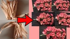 several pictures of pink flowers tied together