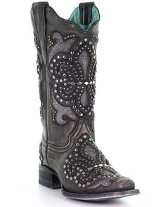 Corral Women's Black Inlay Western Boots - Square Toe, Black Corral Boots Womens, Boots Mid Calf, Womens Cowgirl Boots, Handcrafted Boots, Corral Boots, Boots Square Toe, Square Toe Boots, Dress Boots, Boots Womens