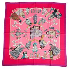 Hermès silk twill scarf collectible Hello Dolly in purple pink combination. Hand-rolled edges. Silk Scarf Design, Dolly Doll, Hermes Twilly, Purple Lady, Fall Handbags, Silk Twill Scarf, Popular Handbags, Pink Scarf, Pink Scarves