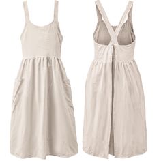 two women's white dresses with straps on the front and back, both in different colors