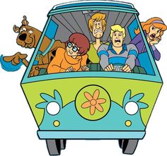 the scoozie gang in an old school bus with cartoon characters on it's side