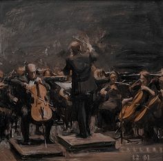 an oil painting of a conductor and orchestra