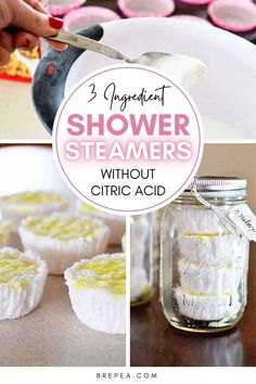 three different pictures with the words 3 ingredients for shower steamers without citric acid