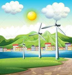 an island with windmills and houses in the background - landscapes nature / animals characters