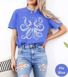 Octopus Comfort Colors Shirt, Trendy Octopus Tshirt, Squid Shirt for Her, Summer Beach Vacation Ocean Marine T Shirt, Nature Lover Gift - Etsy Blue Beach T-shirt With Front Print, Blue Short Sleeve T-shirt For Beach Season, Blue Short Sleeve T-shirt For Beach, Summer Blue T-shirt With Screen Print, Blue Summer Shirt With Front Print, Trendy Pre-shrunk Beach Shirt, Casual Blue T-shirt For Beach, Blue Cotton T-shirt For Vacation, Casual Blue T-shirt For The Beach