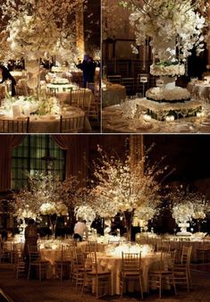 the reception tables are decorated with white flowers and candles