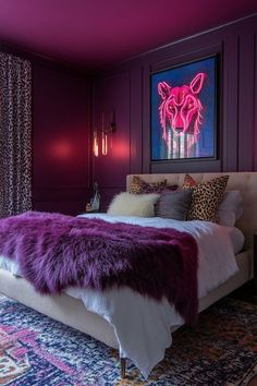 a bedroom with purple walls and an animal print rug