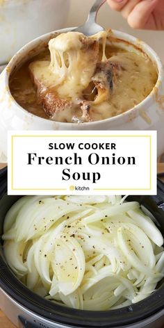 slow cooker french onion soup in a bowl with the title overlay reads slow cooker french onion soup