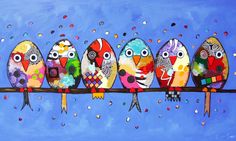 a painting of five colorful birds sitting on a branch