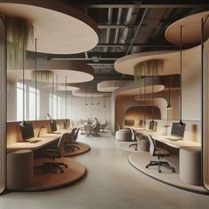 an office with circular desks and chairs