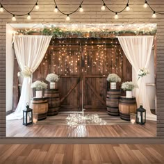 the entrance to a wedding venue with wooden barrels and white flowers on them, surrounded by string lights