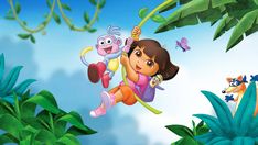 dora the explorer is swinging on a tree branch with her friends in the jungle background