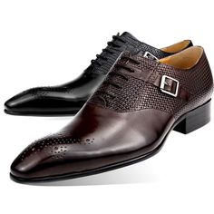 Introducing our Elegant Groom Brogue Leather Lace-up Wedding Shoes, crafted with the finest genuine cow leather for a luxurious and sophisticated look. With a sleek buckle closure and pointed toe design, these shoes exude elegance and style. Elevate your wedding ensemble with these timeless and impeccable shoes. Shop now and step into your special day with confidence and grace. Elegant Leather Shoes With Tang Buckle And Round Toe, Elegant Leather Shoes With Tang Buckle, Classic Monk Strap Shoes For Party With Leather Sole, Classic Monk Strap Shoes With Leather Sole For Party, Luxury Formal Dress Shoes With Tang Buckle, Elegant Leather Dress Shoes With Buckle Closure, Elegant Formal Dress Shoes With Tang Buckle, Elegant Dress Shoes With Buckle Closure And Almond Toe, Formal Leather Shoes With Buckle Closure