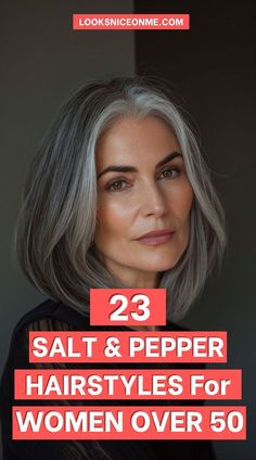 Silver Hair Styles For Women, Dark To Grey Hair, Salt And Pepper Hairstyles For Women, Women Salt And Pepper Hair, Gray Hair Ideas Over 50, Thick Grey Hair Styles Over 50, Salt And Pepper Lob Haircut, Hairstyles For Medium Length Gray Hair, Pepper And Salt Hair