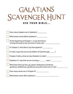 the galaians scavenger hunt is shown in this printable activity sheet for kids