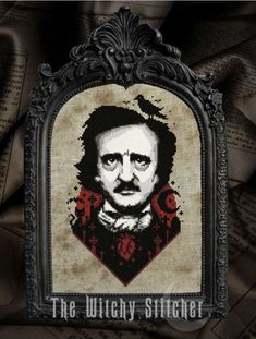 the cross stitch portrait of person is displayed in an ornate frame