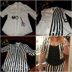 four pictures of different outfits with scissors and hair combs on them, one in black and white