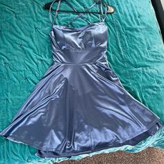 Blue Metallic Cocktail Dress. Nwt. Lace-Up Back. Blue A-line Satin Mini Dress, Blue Satin A-line Mini Dress, Blue Satin Mini Dress For Homecoming, Blue Satin Knee-length Dress, Blue Satin Homecoming Mini Dress, Blue Satin Mini Dress For Prom, Blue Satin Prom Mini Dress, Blue Knee-length Homecoming Mini Dress, Blue Spaghetti Strap Mini Dress For Prom