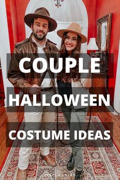 two people standing in front of a red wall with the words couple halloween costume ideas