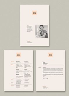 three different stationery designs with an orange and white color scheme on the front, back and side