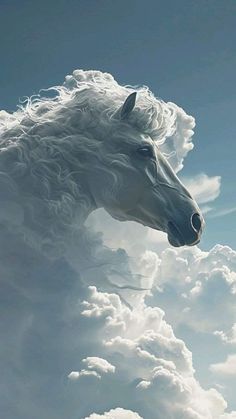 a white horse with long manes standing in the sky above clouds and blue skies