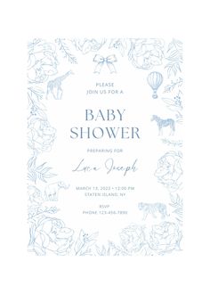 the baby shower is shown in blue and white