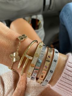 Cartier Love Bracelet Stack, Love Bracelet Stack, Vintage Alhambra Bracelet, Alhambra Bracelet, Girly Bracelets, Luxury Backpack, Cartier Bracelet, Wrist Jewelry