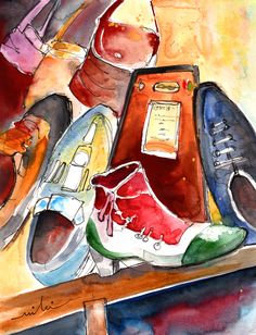 watercolor and ink painting of shoes on a table