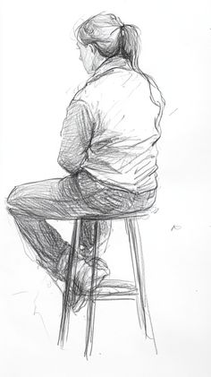 a drawing of a person sitting on a stool with their back turned to the camera