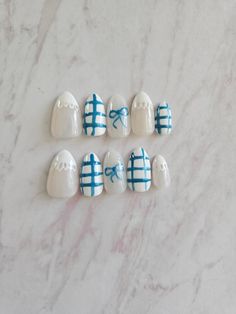 Blue gingham and bow press on nail set Cute for summer  Almond shape  *glue included Cute Nails Gel Polish, Simple Nail Designs Blue And White, Trendy Summer Nails Blue, Light Blue Evil Eye Nails, Palm Beach Nails, Summer Neutral Nails Gel, Light Summer Nails Colors, 4h Nails Designs, Esthetic Nails