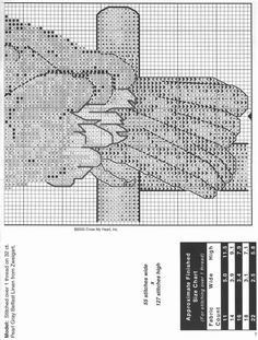 the cross stitch pattern is shown in black and white, with an image of a hand holding