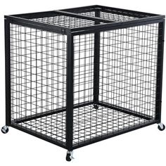 a large metal cage with wheels on the bottom and one section open to show it's sides