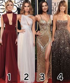 four women in different dresses at the golden globe awards