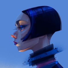 a digital painting of a woman with blue hair