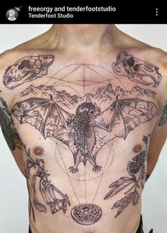 a man with tattoos on his chest and some other things around the body that he is holding