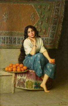 a painting of a woman sitting on a stool with oranges