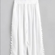 Brand New White Pom Pom Beach Pants. So Light And Perfect For Swimsuit Coverup Bohemian White Bottoms For Summer Outings, Summer White Wide Leg Pants With Elastic Waistband, White Wide Leg Summer Pants With Elastic Waistband, White Wide Leg Pants With Elastic Waistband For Summer, White Summer Wide Leg Pants With Elastic Waistband, Summer Vacation Ankle-length Bottoms, Summer Vacation Ankle-length Pants, White Bottoms With Elastic Waistband For Summer, White Bottoms With Elastic Waistband For Summer Outings