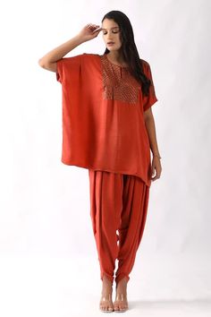 Buy Orange Sandwash Satin Embroidered Yoke Nalki Geometric Kaftan With Dhoti Pant For Women by Nemaani Online at Aza Fashions. Orange Kaftan, Moti Work, Coord Sets, Pant For Women, Pant Women, Dhoti Pants, Fashion App, Purple Velvet, Aza Fashion