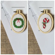 two cross stitch hoop earrings with bows and candy canes on them, one in the hoop