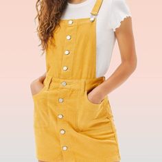 Size Small Mustard Yellow With Pockets Never Worn Yellow Overall Dress, Corduroy Dresses For Spring, Yellow Cotton Dress For Fall, Spring Casual Corduroy Dress, Casual Spring Corduroy Dress, Sleeveless Corduroy Summer Dress, Casual Yellow Dress With Buttons, Spring Corduroy Mini Dresses, Spring Mini Corduroy Dresses