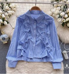 Lasaky - Ruched Bubble Sleeve Blouse with Cinched Drawstring Detail Upcycle Clothes Diy, High Waisted Flare Jeans, Bubble Sleeve, High Waisted Flares, Blue Cardigan, Style Cardigan, Upcycle Clothes, Blue Blouse, Mandarin Collar