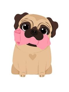 a pug dog with a pink heart in its mouth